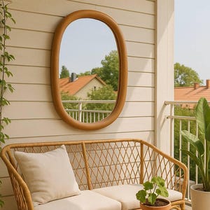 Wood Handmade Mirror - Mid-century Farmhouse Wooden Mirror - Modern Oval Wall Wood Frame Mirror - Unique Entry Decorative Wood Wall Mirror