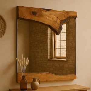 Olive Wood Farmhouse Mirror - Real Wood Rustic Wall Hanging Wavy Mirror - irregular Decorative Rustic Mirror - Asymmetrical Wooden Frame Art