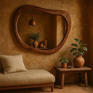 Walnut Wood Handmade Mirror - Mid-century Farmhouse Wooden Mirror - Asymmetrical Wood Frame Mirror- Irregular Decorative Wood Wall Mirror