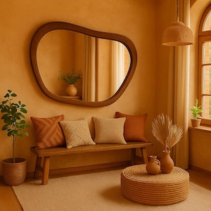 Wood  Decor Irregular Mirror - Asymmetrical Wood Framed Mirror - Rustic Farmhouse Walnut Mid Century Mirror - Wall Wooden Unique Mirror