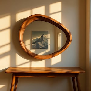 Walnut Wood Handmade Mirror - Mid-century Farmhouse Wooden Mirror - Asymmetrical Wood Frame Mirror- Irregular Decorative Wood Wall Mirror