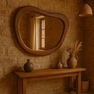 Walnut Wood Handmade Mirror - Mid-century Farmhouse Wooden Mirror - Asymmetrical Wood Frame Mirror- Irregular Decorative Wood Wall Mirror
