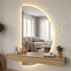 May include: A contemporary, illuminated mirror with a semi-circular design, mounted on a light wood shelf. The mirror is set against a white brick wall, with a warm glow outlining its shape. The shelf holds decorative vases, books, and a potted plant.