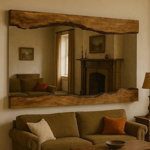 Real Live Edge Natural Mirror - Large Olive Wooden Rustic Farmhouse Asymmetrical Decorative Mirror  -Rentangular Wood Home Wall Decor Mirror