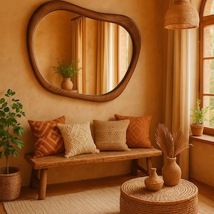 Walnut Wood Handmade Mirror - Mid-century Farmhouse Wooden Mirror - Asymmetrical Wood Frame Mirror- Irregular Decorative Wood Wall Mirror
