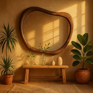 Walnut Wood Handmade Mirror - Mid-century Farmhouse Wooden Mirror - Asymmetrical Wood Frame Mirror- Irregular Decorative Wood Wall Mirror