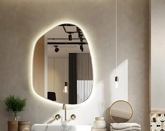 Handmade Asymmetrical LED Wall Mirror – Large Backlit Vanity Art Mirror
