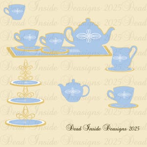 May include: A light blue tea set illustration with white accents, including a teapot, cups, saucers, a creamer, and a tiered serving stand. The design features a decorative floral motif. The text "Dead Inside Deasigns 2025" is visible.