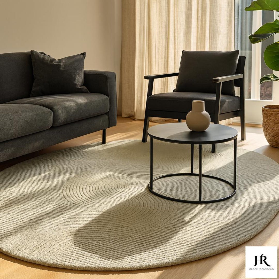 Hand Tufted Round Wool Rug 8x8 Ivory Minimalist Modern Textured Carpet ...