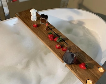 Wooden Bathtub Tray, Oak Bath Caddy for Tub, Natural Wood Bath Shelf, Handmade Bathroom Organizer, Stylish Spa and Bathroom Accessories