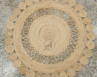Handwoven Jute Round Rug | Scallop Border, Boho Farmhouse