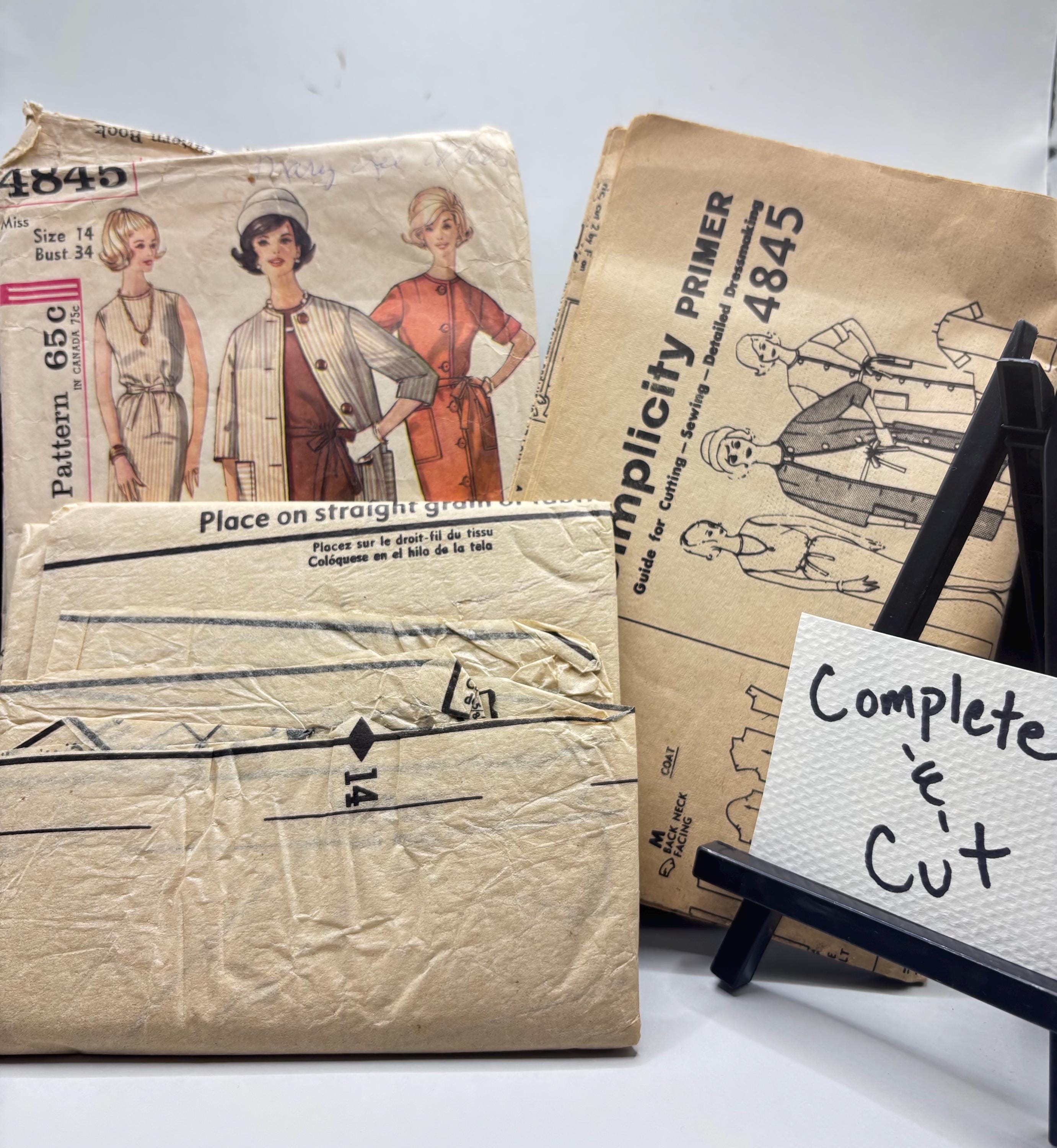 1960s Simplicity 4845 Sewing Pattern – Jackie O Shift Dress & Coat Ensemble – Size 14 Bust 34 – Complete and Cut - Thumbnail 6