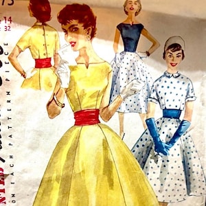 Vintage 1950s Simplicity 1573 Dress & Jacket Sewing Pattern – Size 14 Bust 32 – Full Skirt with Cummerbund, Printed Pattern Pieces, Complete
