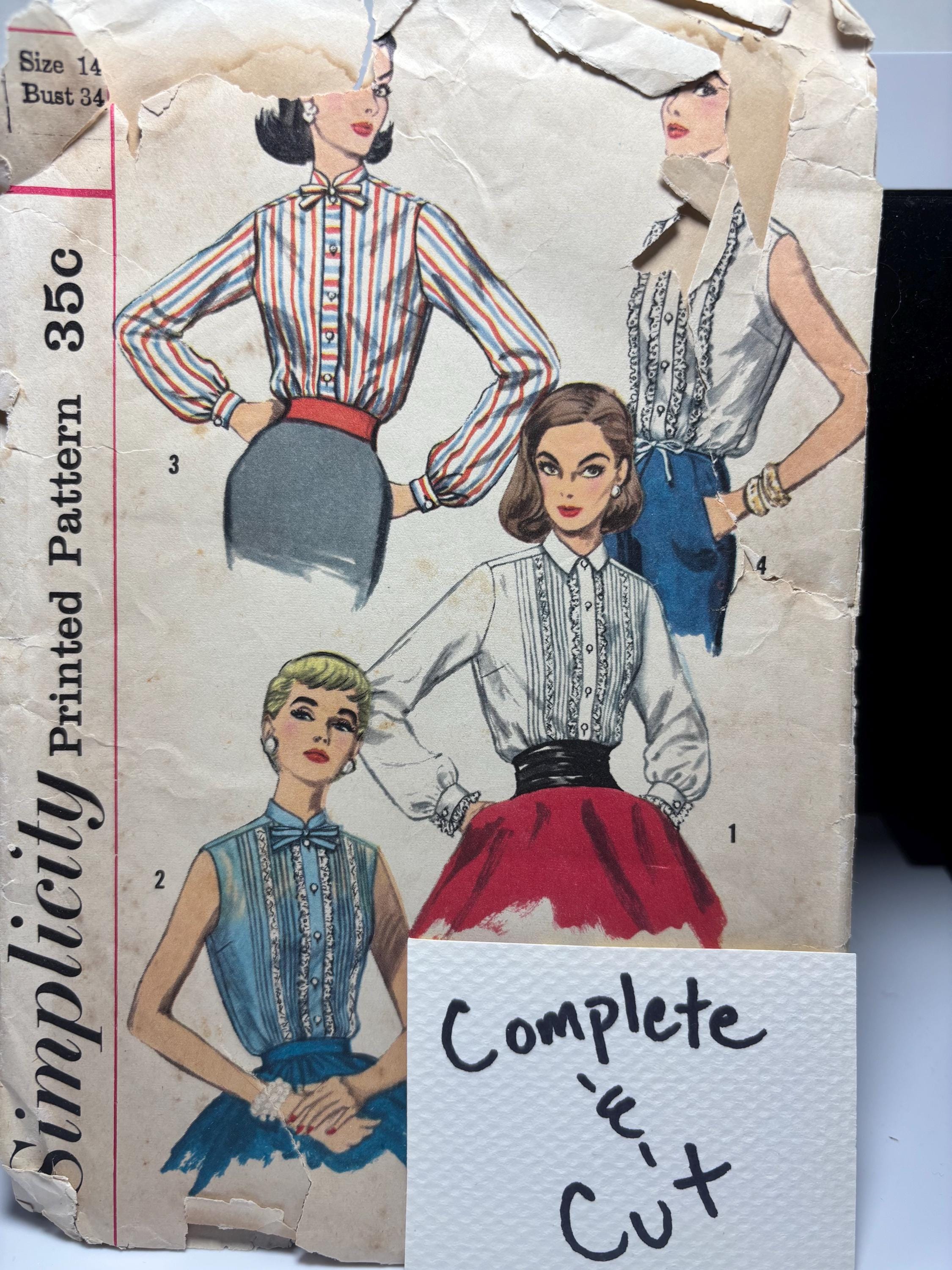 Vintage 1950s Simplicity 1837 Blouse Pattern, Size 14 Bust 34 – Mia Farrow Inspired Tops, Complete & Cut
