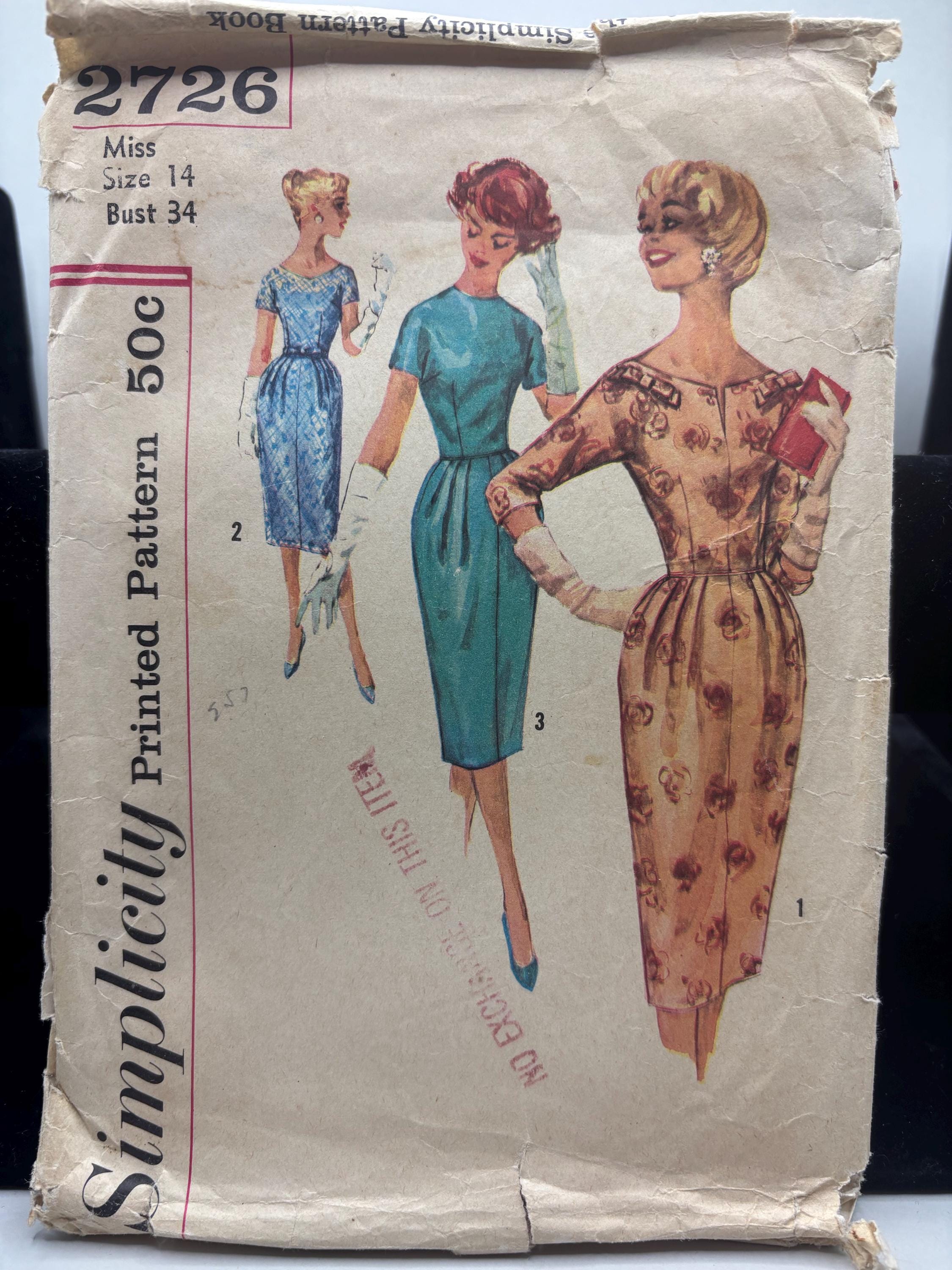 1950s Simplicity 2726 Dress Pattern – Size 14 Bust 34 – Classic Wiggle Dress with Bateau Neckline – Cut & Complete Jackie O Style 1958 - Thumbnail 2