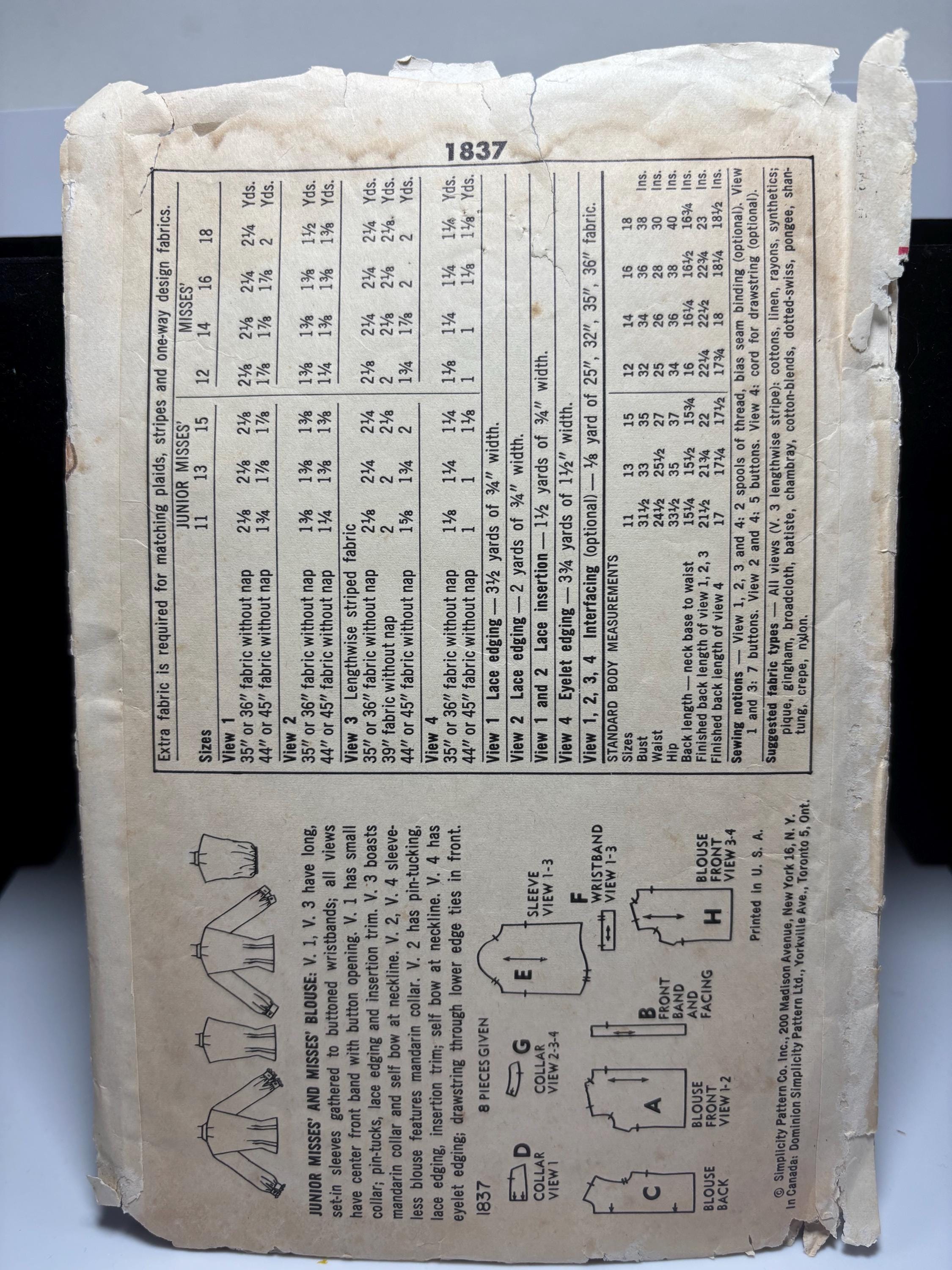 Vintage 1950s Simplicity 1837 Blouse Pattern, Size 14 Bust 34 – Mia Farrow Inspired Tops, Complete & Cut - Thumbnail 3