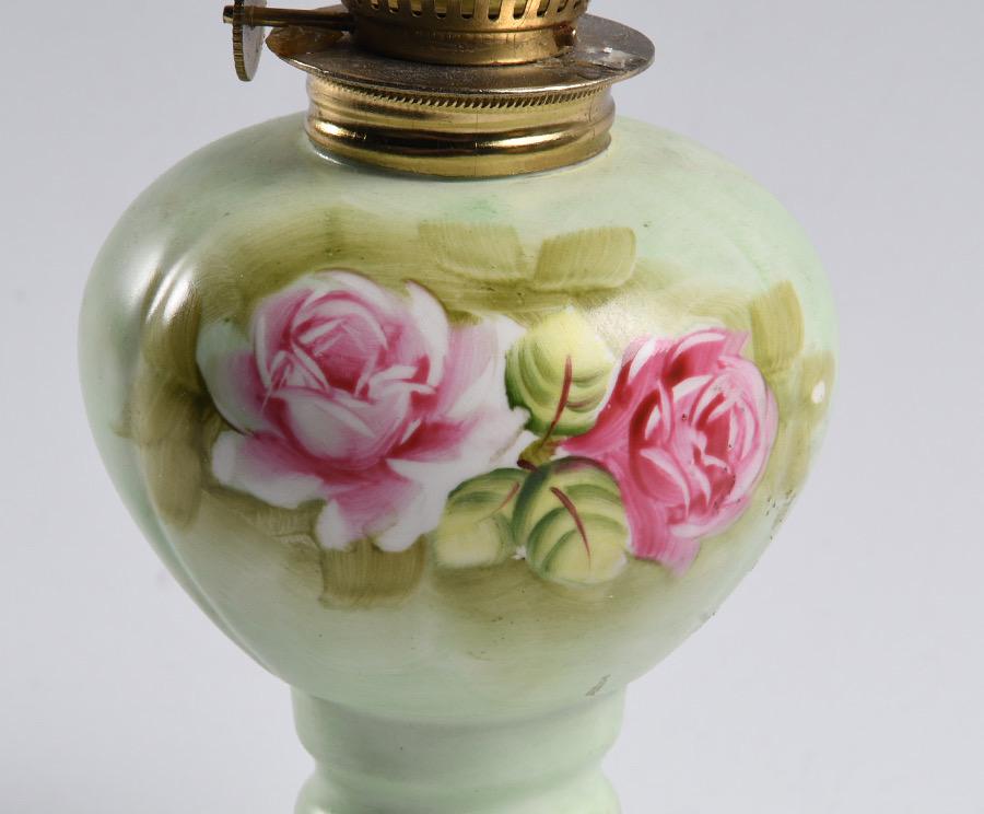 Vintage 1970s Lefton Japan Miniature Table Oil Lamp – Hand Painted Roses on Mint – Heritage-Green Porcelain with Glass Chimney – #4169 - Thumbnail 4