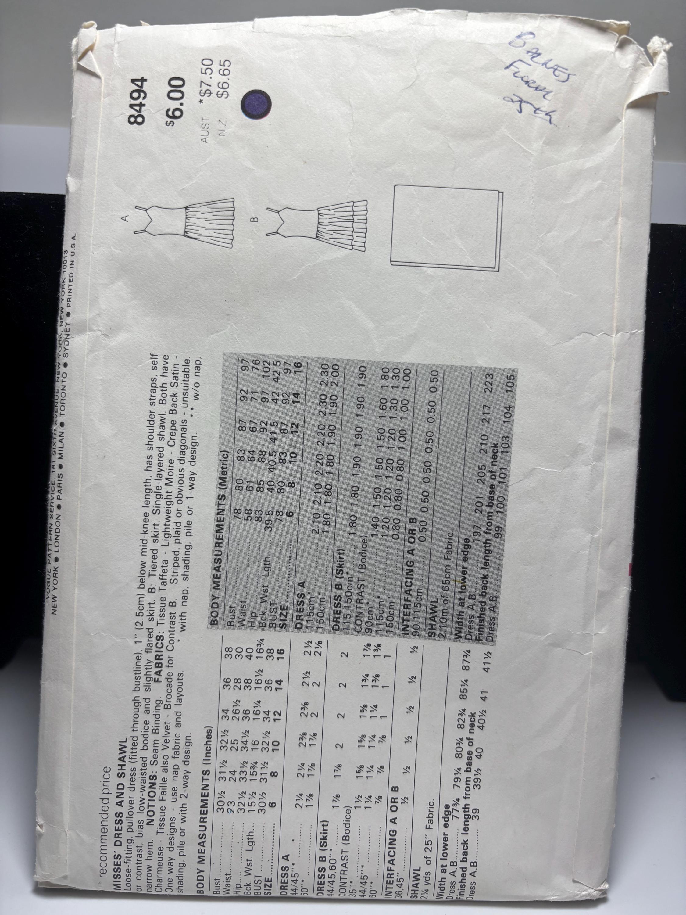 Vogue 8494 (1980s) Cocktail or Party Dress with Shawl – Size 10 – Complete & Cut – Electric Prom Night Glam Vintage Sewing Pattern - Thumbnail 3