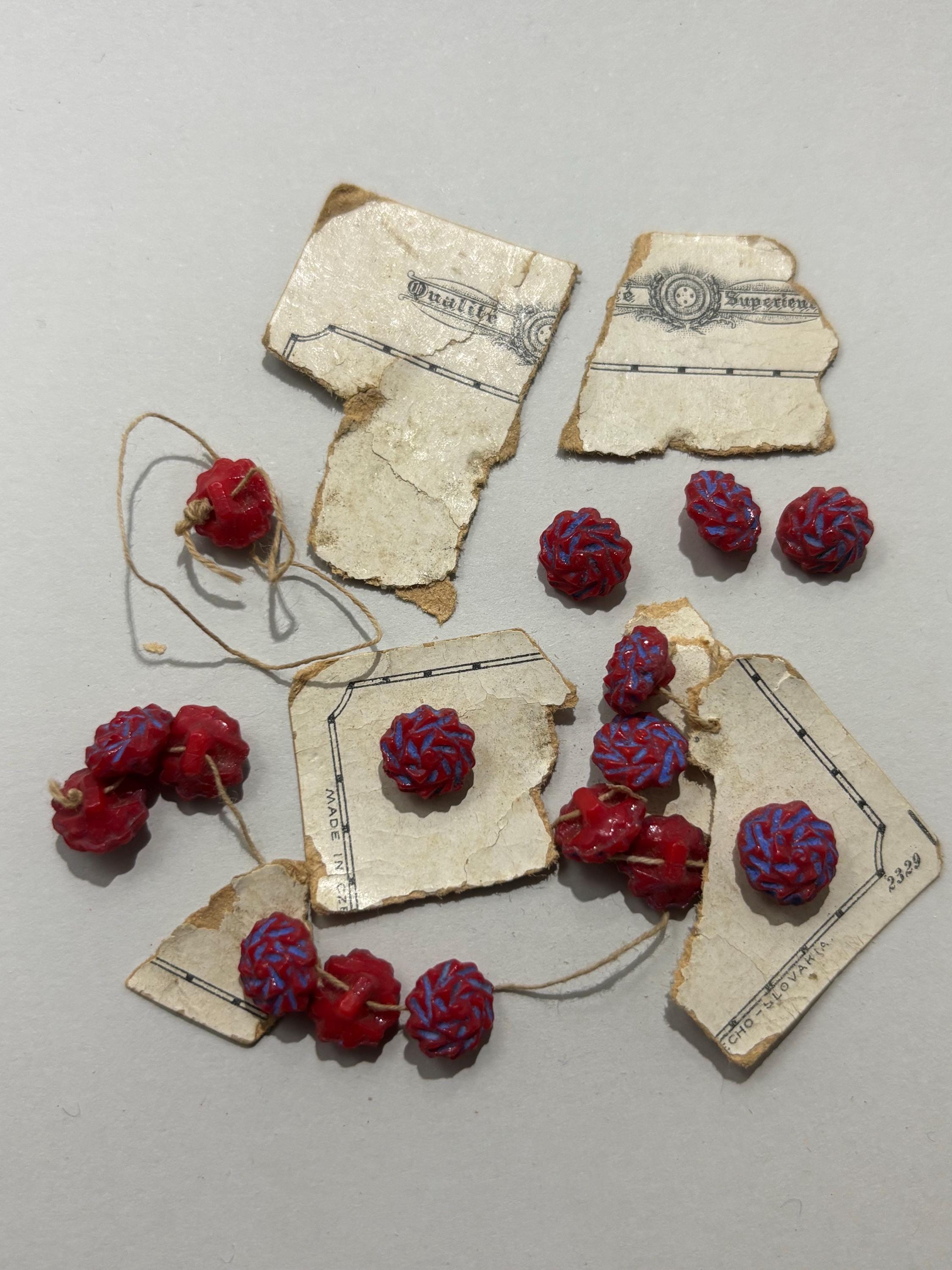 Antique 1920s Czech Glass Buttons – Style No. 2329 – Red with Periwinkle Blue Swirl, Art Deco Drama – Set of 16 – Made in Czecho-Slovakia