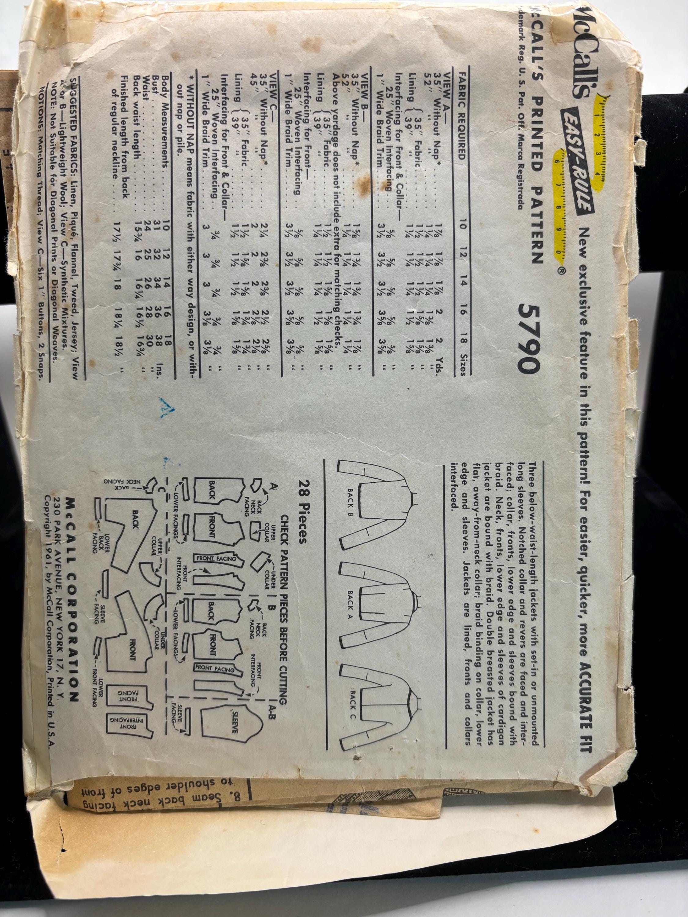 Vintage 1960s McCall’s 5790 Jacket Sewing Pattern – Misses’ Cropped & Boxy Jackets – Classic Mod Style – Size 10 Bust 31 – Complete - Thumbnail 2