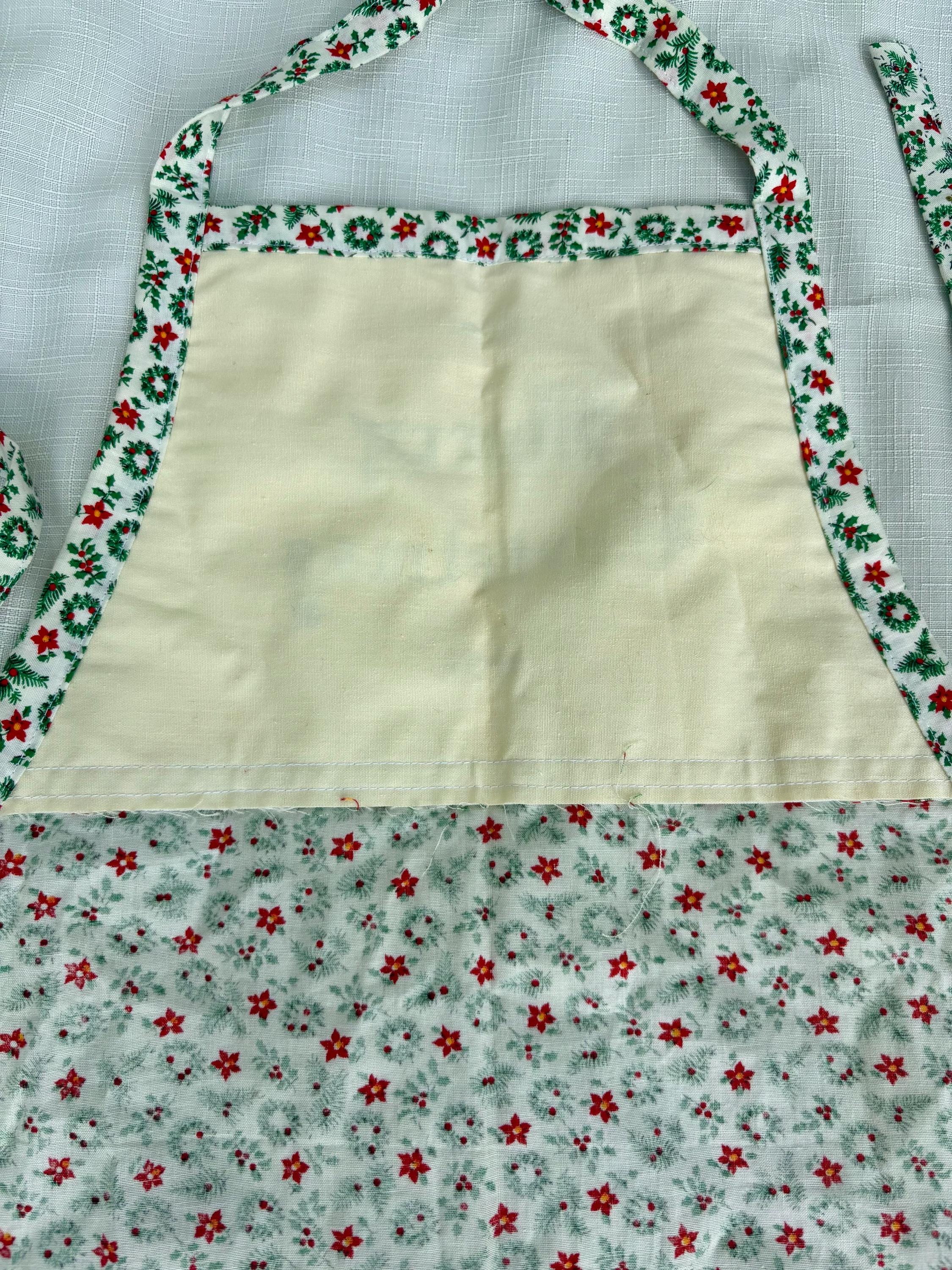 Vintage 1980 Handmade Christmas Apron – Holly Print with Ruffle Skirt & Cross Stitch Merry Christmas Bib – Hand-Embroidered/Signed JS ‘80 - Thumbnail 3