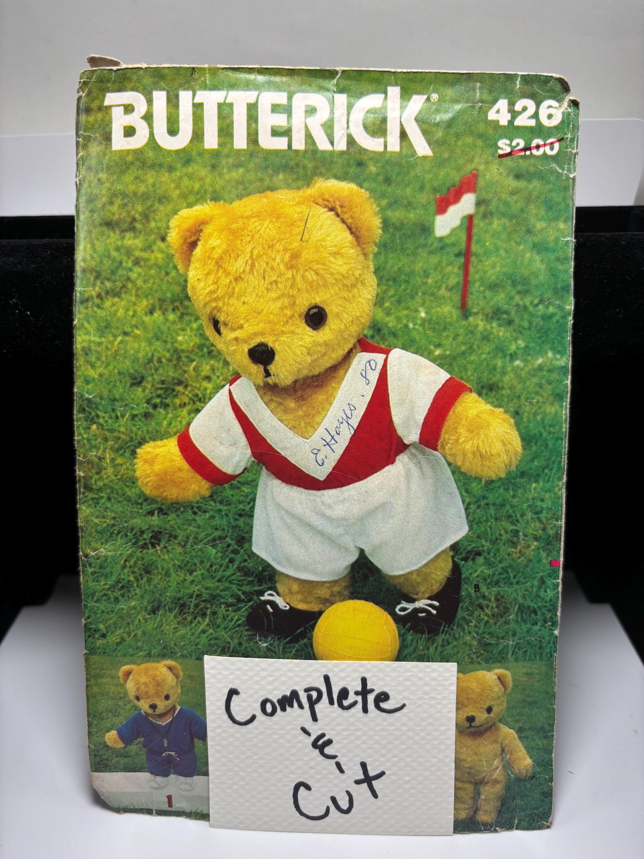 Vintage Butterick 426 Teddy Bear with Sports Wardrobe Pattern – 17" Stuffed Bear with Clothes – Complete & Cut