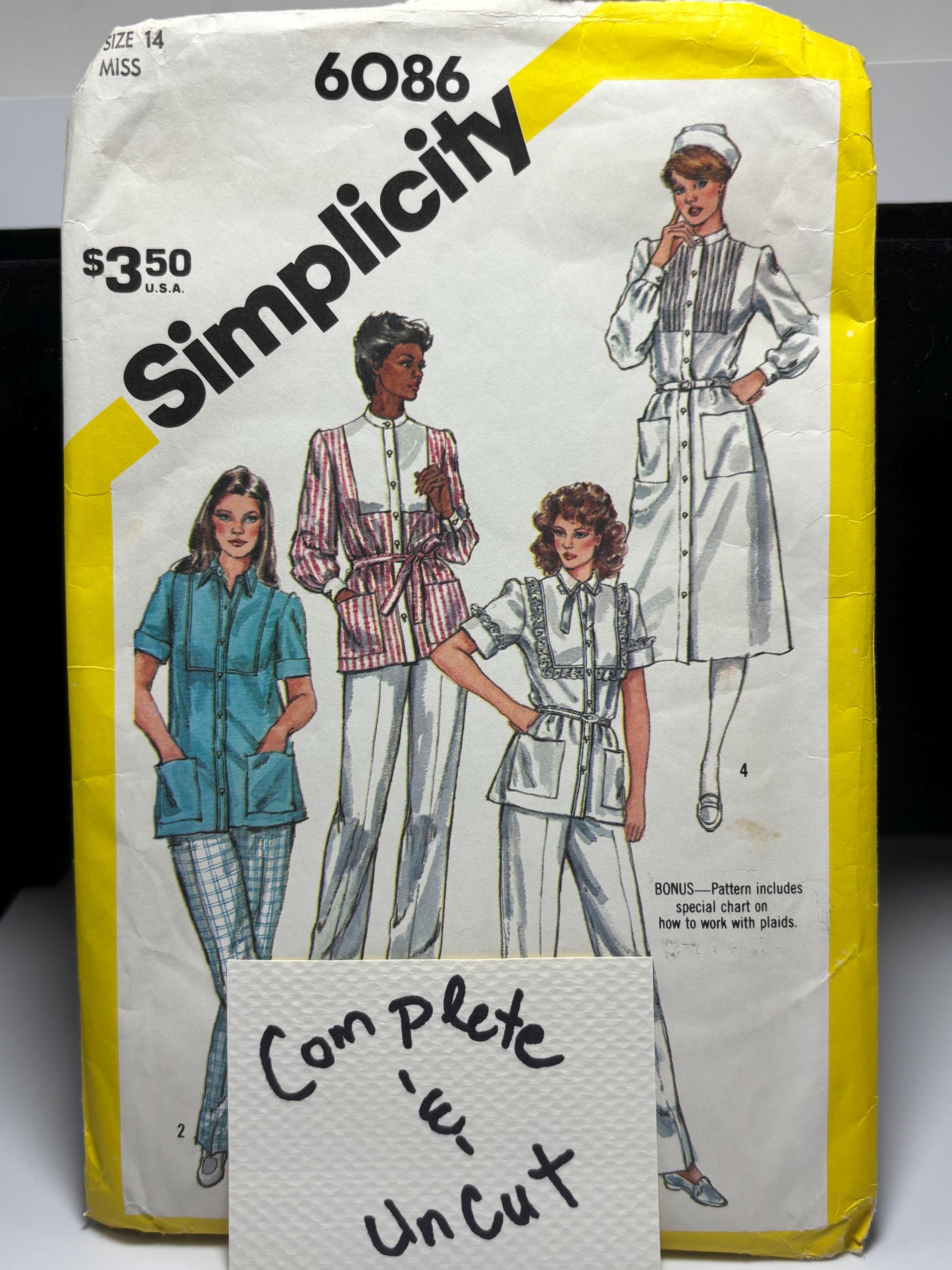 Simplicity 6086 Vintage 1980s Nurse Uniform Sewing Pattern – Dress, Tunic & Pants, Size 14, Uncut Complete - Cosplay, Costume or Play Outfit