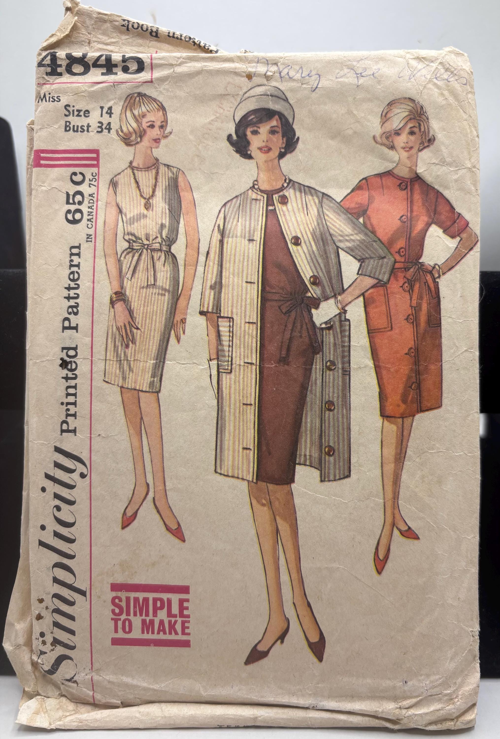 1960s Simplicity 4845 Sewing Pattern – Jackie O Shift Dress & Coat Ensemble – Size 14 Bust 34 – Complete and Cut - Thumbnail 2