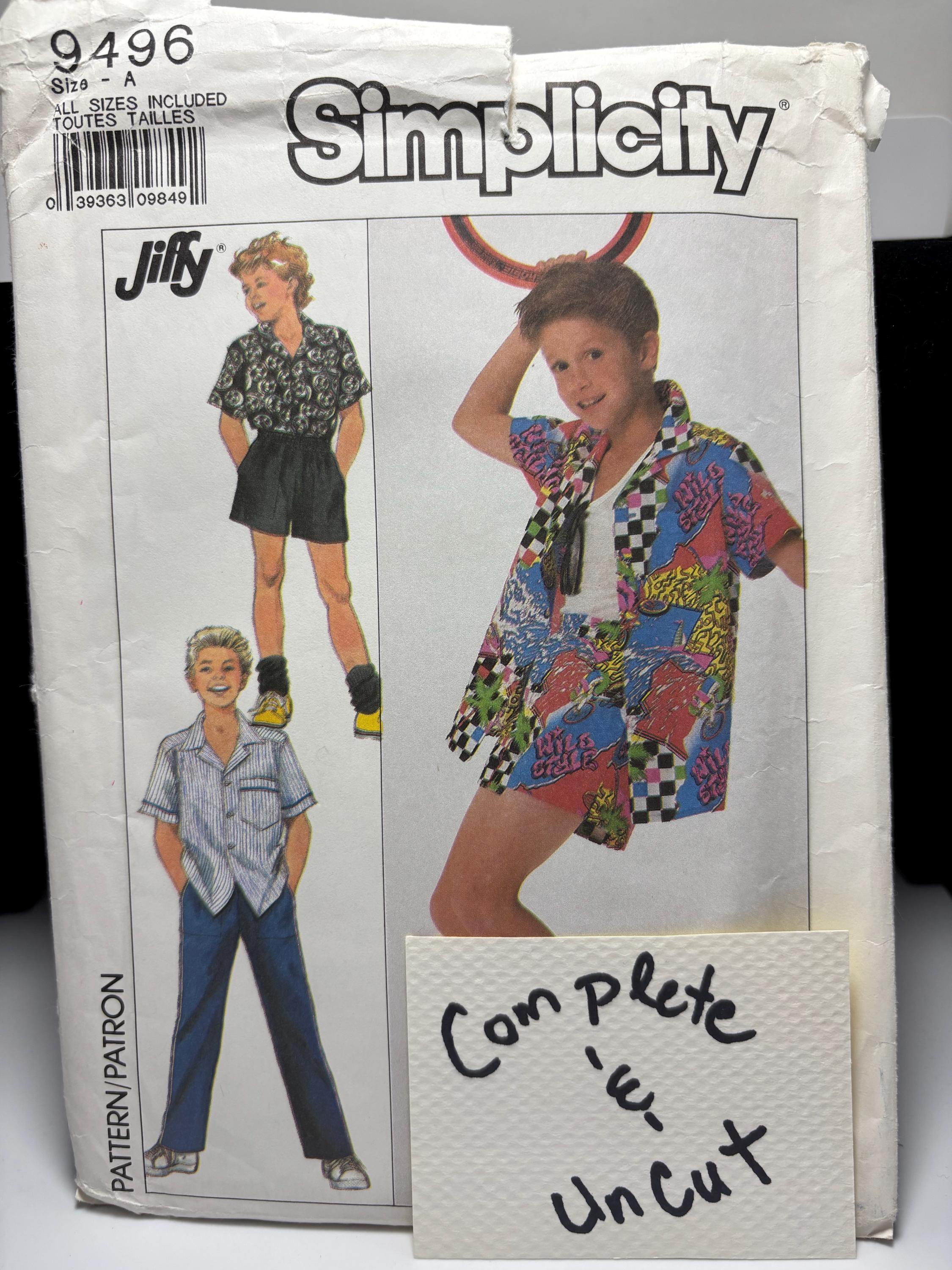Vintage Simplicity 9496 Jiffy Boys Shirt, Pants & Shorts Sewing Pattern – All Sizes Included – Uncut 1980s 1990s Retro