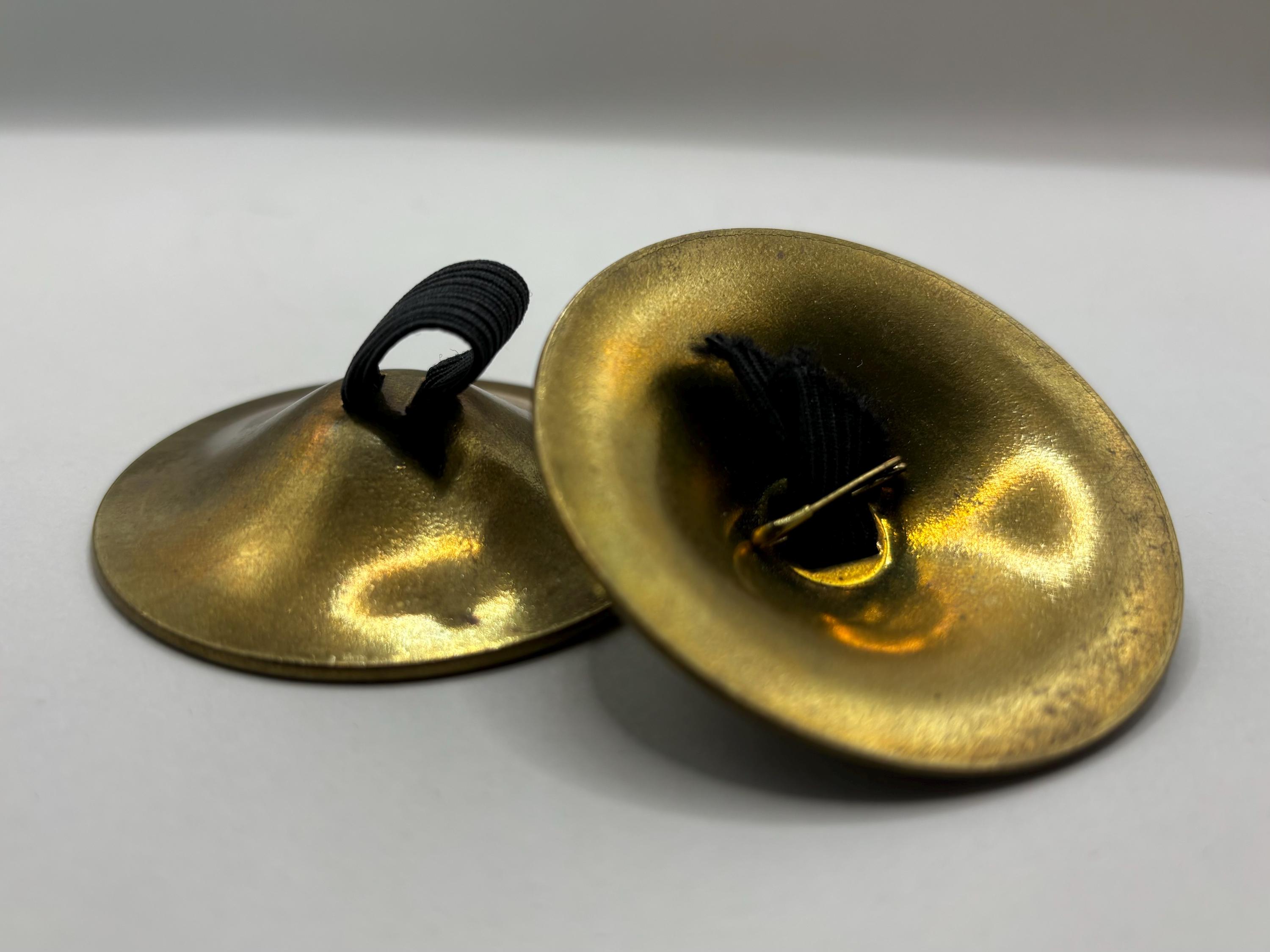 Brass Finger Cymbals with Black Elastic Attachments – Traditional Dance Instrument, Handmade Percussion