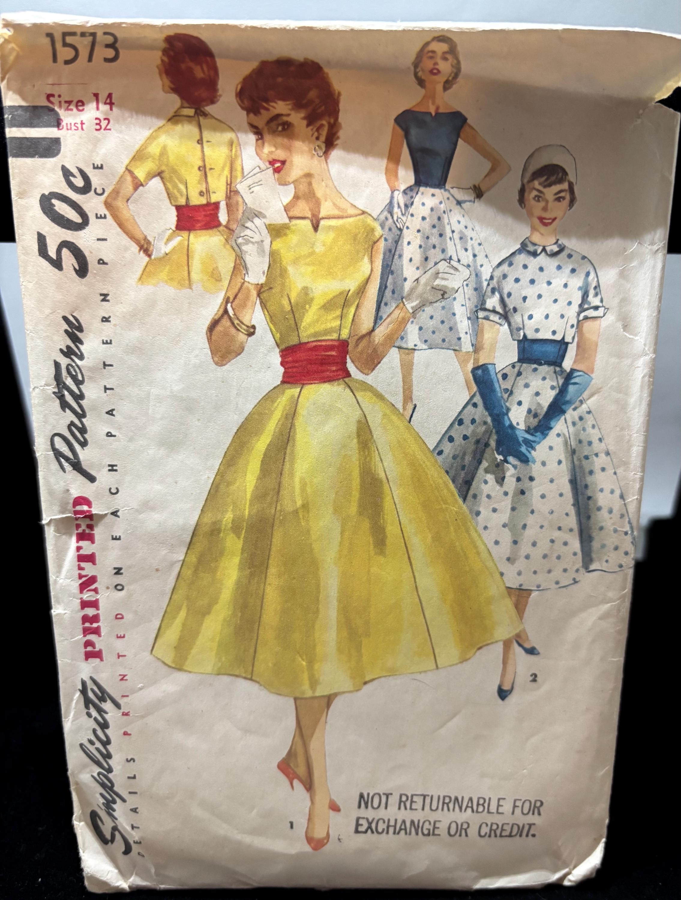 Vintage 1950s Simplicity 1573 Dress & Jacket Sewing Pattern – Size 14 Bust 32 – Full Skirt with Cummerbund, Printed Pattern Pieces, Complete - Thumbnail 2