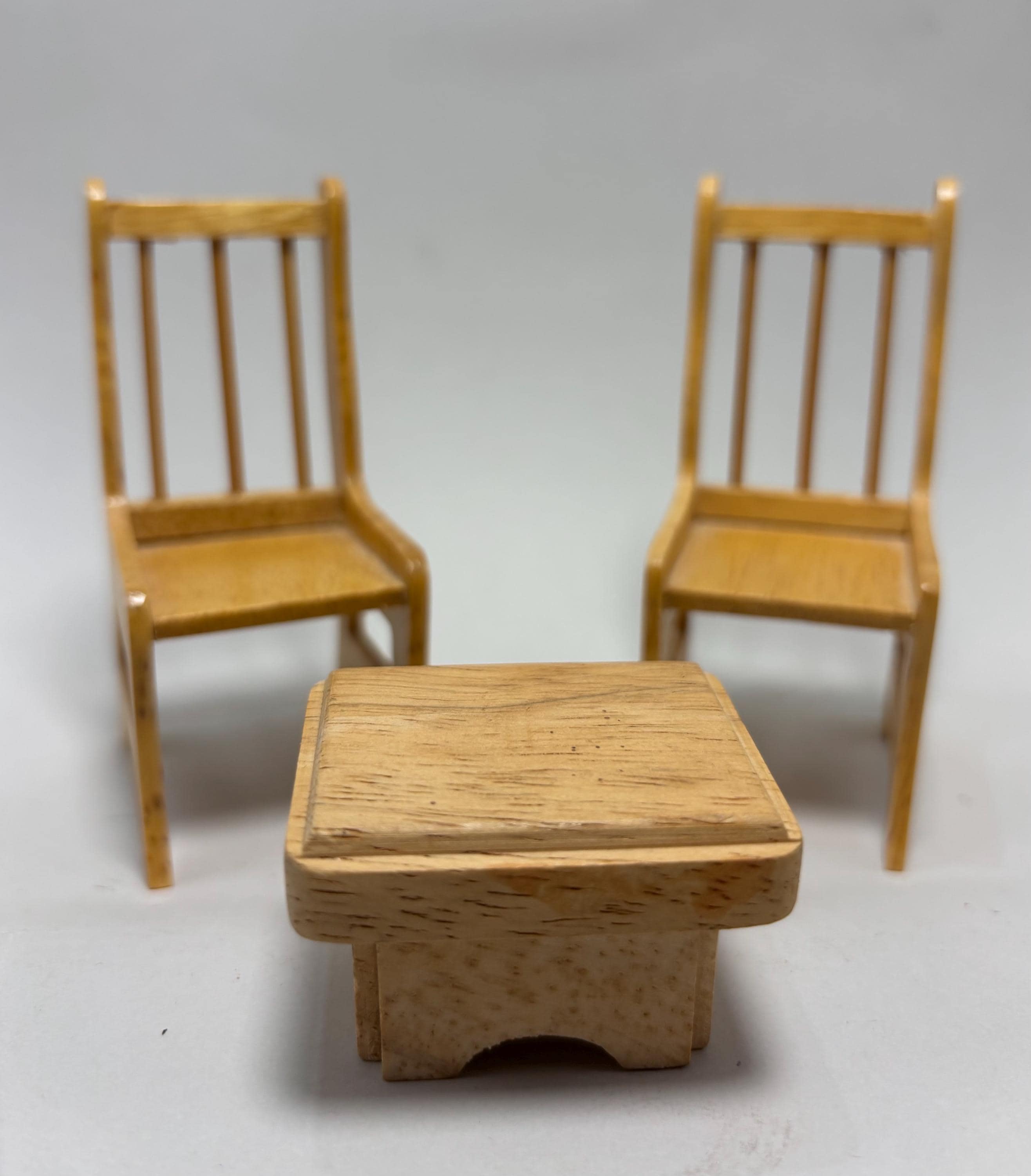 Vintage Miniature Wooden Dollhouse Furniture Set – 2 Chairs + Table – Whimsical  1:12 Scale - Perfect for Crafting, Fairy Homes, or Play - Thumbnail 2
