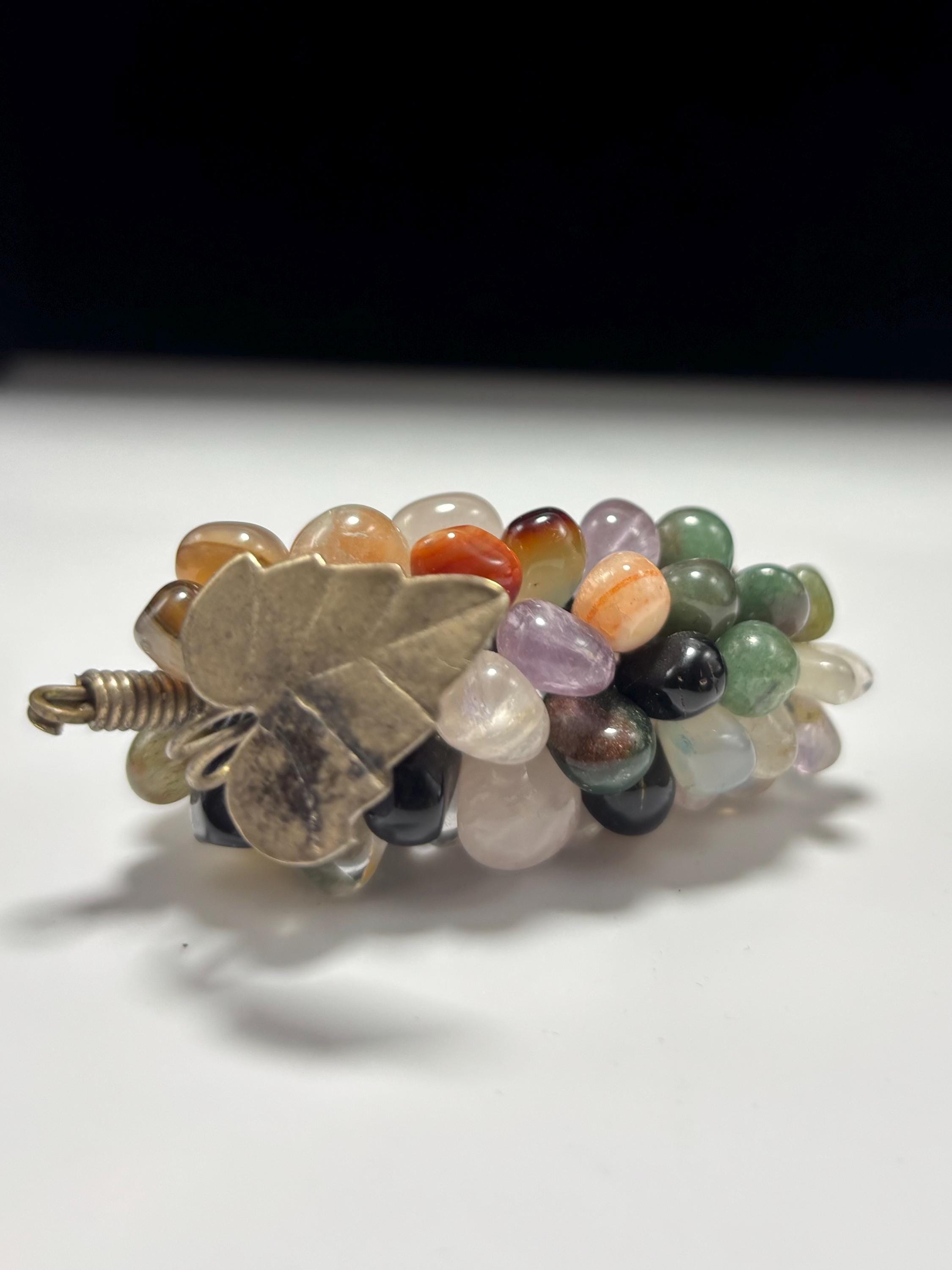 Vintage MCM Gemstone Cluster Grape Pendant with Silver Leaf Accent – 1960s 1970s Mid Century Modern Jewelry