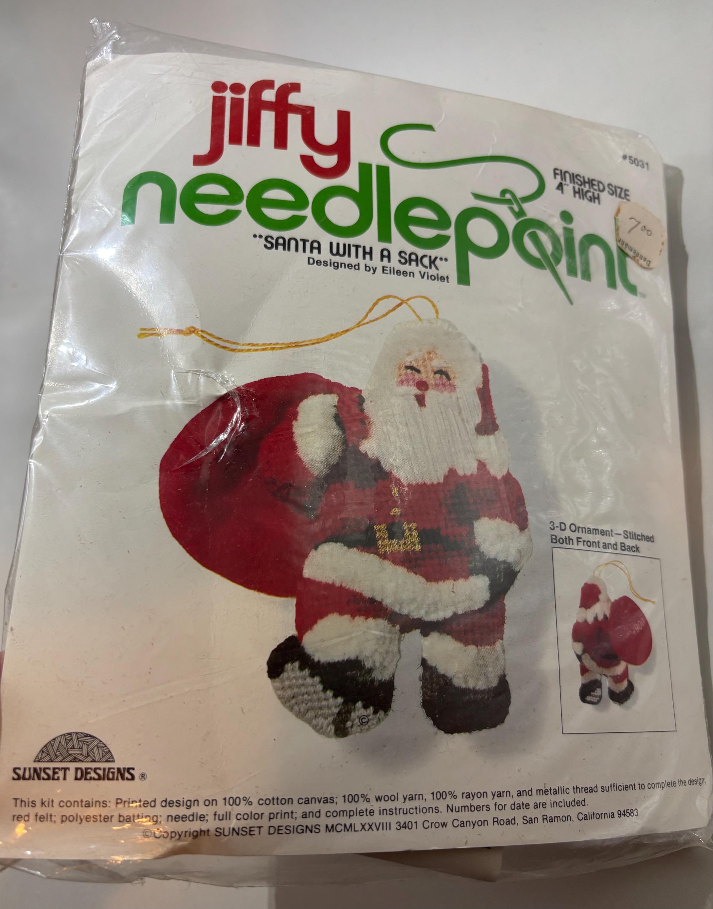 Vintage 1980 “Santa with a Sack” Needlepoint Kit – Jiffy Sunset Designs – Naughty Holiday Ornament Craft – Double-Sided & Fully Stuffable