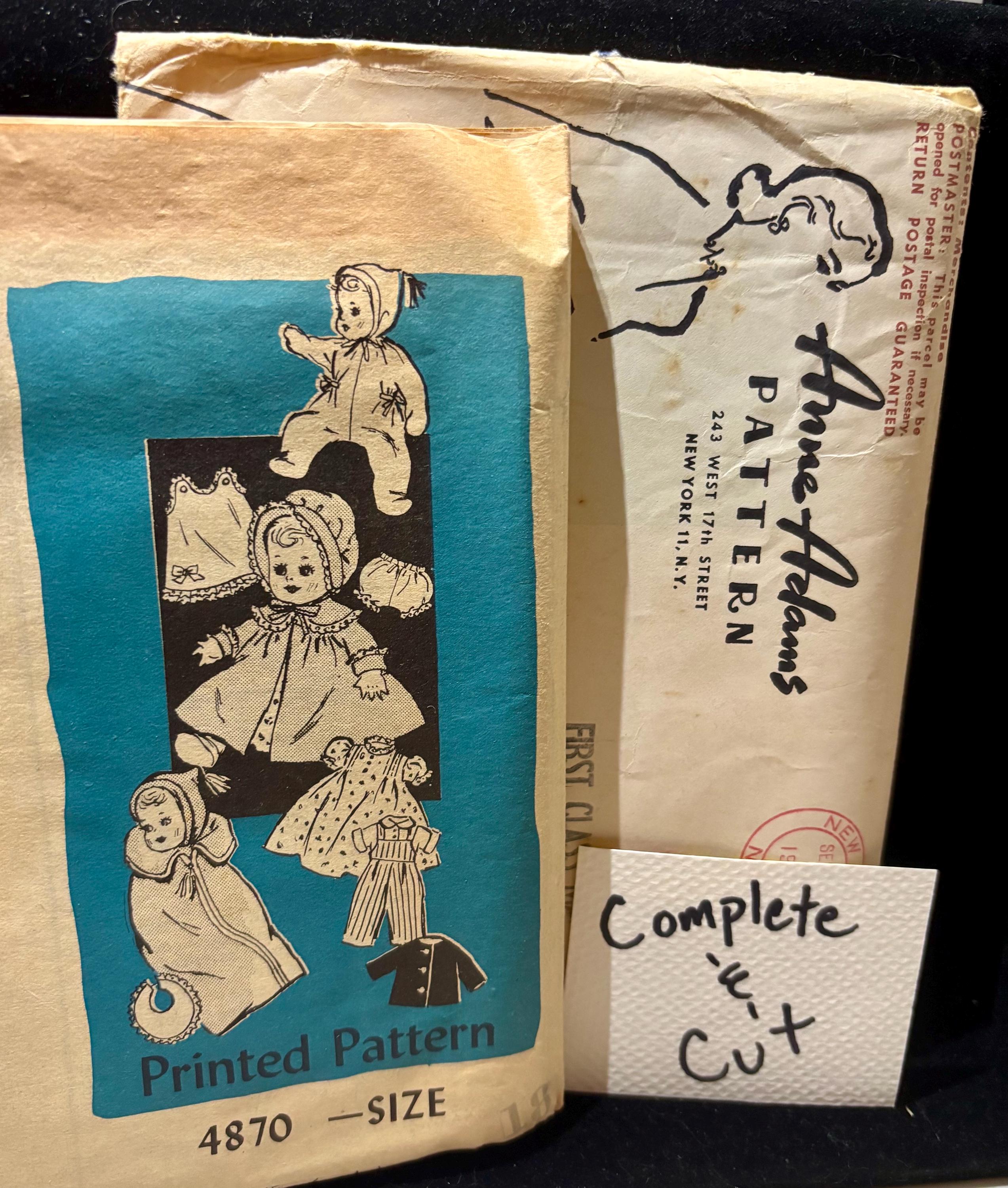 Vintage Anne Adams 4870 Infant Doll Wardrobe Pattern – Fits 10–20” Dolls – Petticoats, Bonnets, Buntings & More – Complete and Cut 1940s - Thumbnail 2