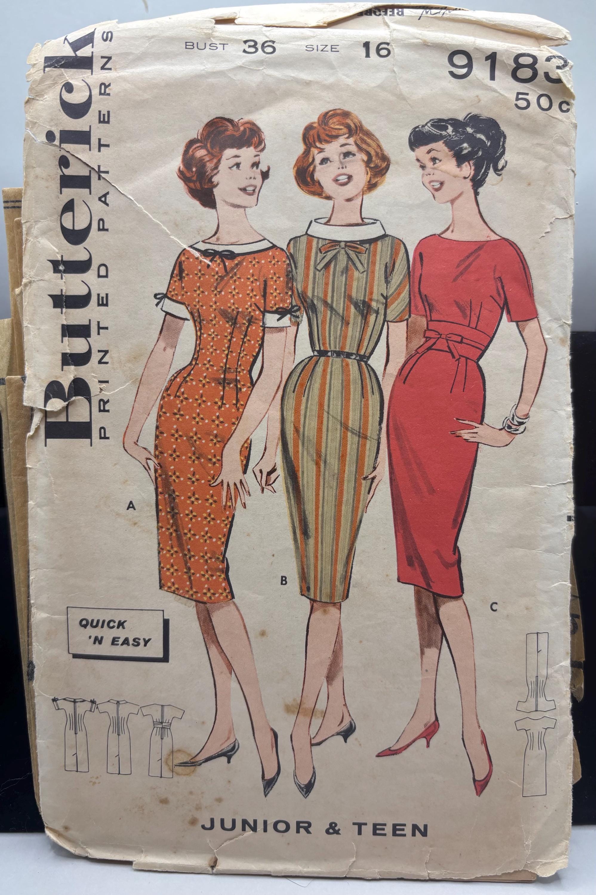 Vintage 1950s Butterick 9183 Sewing Pattern – Bust 36, Size 16 – “Quick ‘N Easy” Wiggle Dress Trio with Attitude - Thumbnail 2