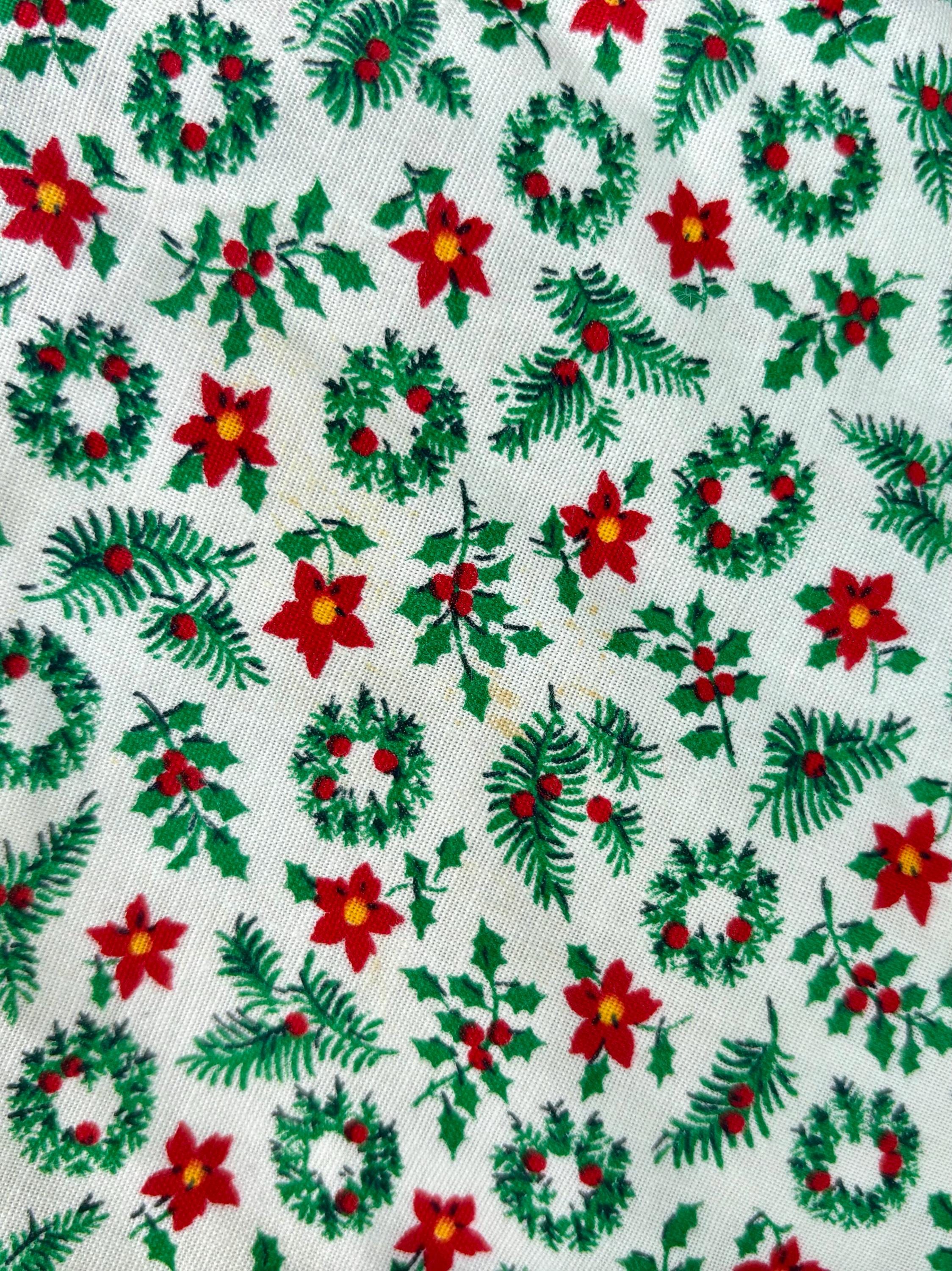 Vintage 1980 Handmade Christmas Apron – Holly Print with Ruffle Skirt & Cross Stitch Merry Christmas Bib – Hand-Embroidered/Signed JS ‘80 - Thumbnail 5