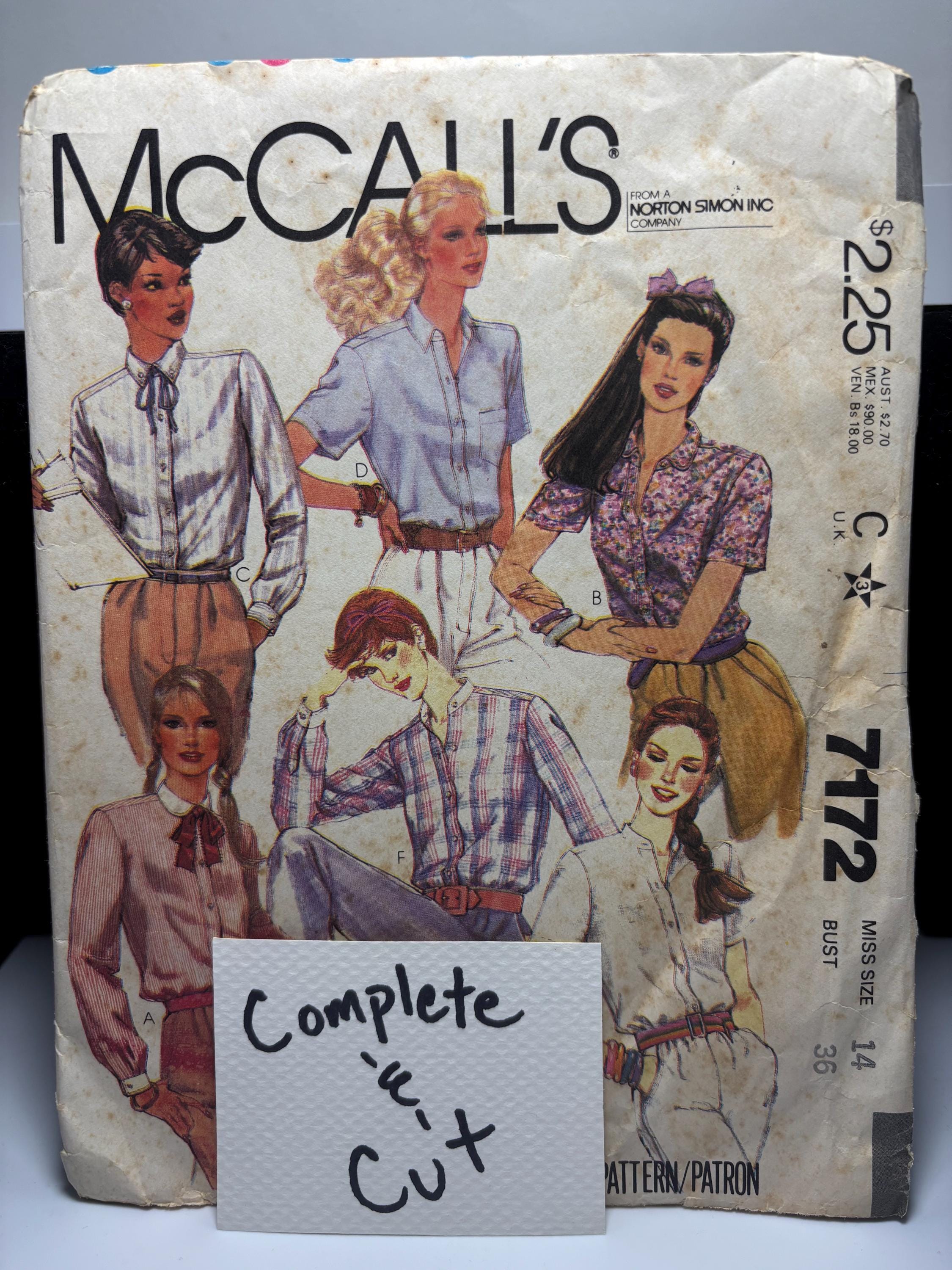 Vintage 1980s McCall’s 7172 Sewing Pattern | Misses’ Blouse with Neckline & Sleeve Variations Size 14 Bust 36 Complete Cut Working Girl Chic
