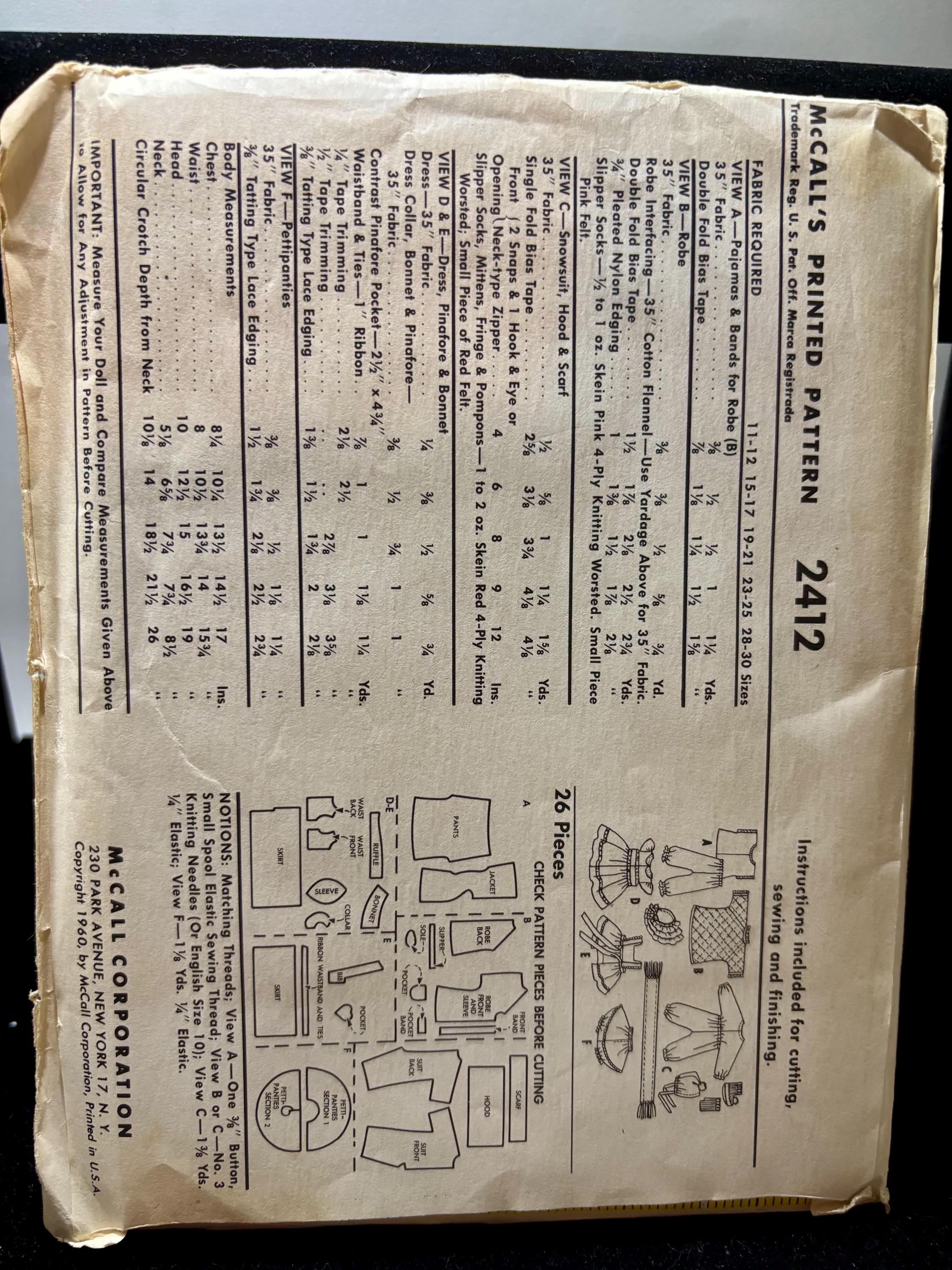 Vintage 1960 McCall’s 2412 Doll Clothes Sewing Pattern Baby, Walking Toddler & Girl Dolls Wardrobe – Pajamas, Snowsuit, Dresses Complete Cut - Thumbnail 3