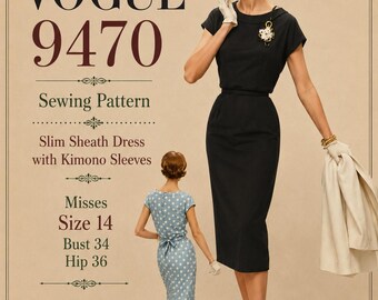 1950s Vogue 9470 Sewing Pattern – Misses Size 14 Slim Sheath Dress (Uncut)