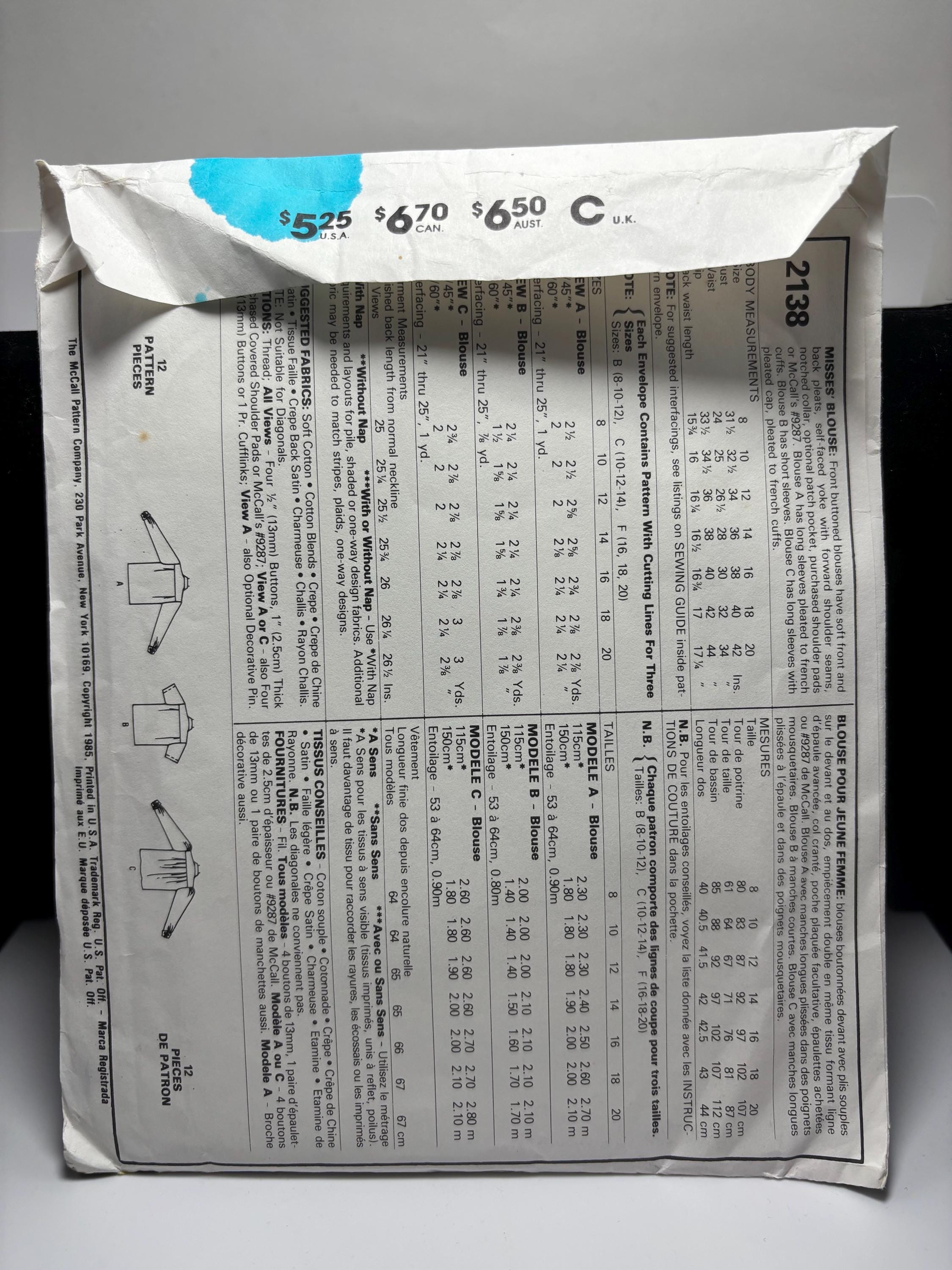 Vintage McCall’s 2138 Blouse Sewing Pattern (1985) – Size 10–14, Bust 32 1/2–36 – Blanche Devereaux Vibes, Complete & Cut - Thumbnail 3