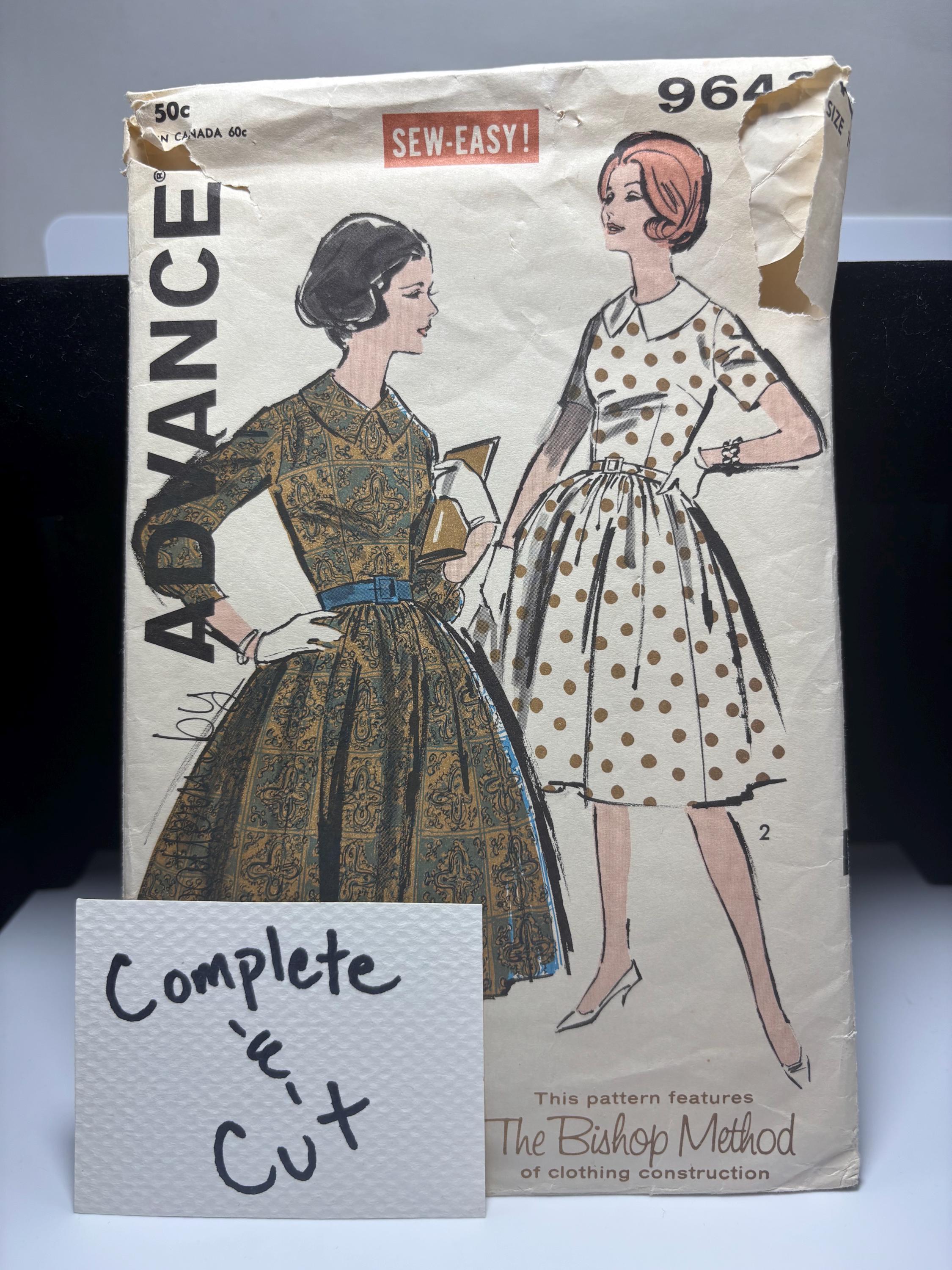 Advance 9643 (1950s) Full-Skirt Dress with Peter Pan Collar – Size 10 – Complete & Cut – Priscilla Presley Southern Debutante Style