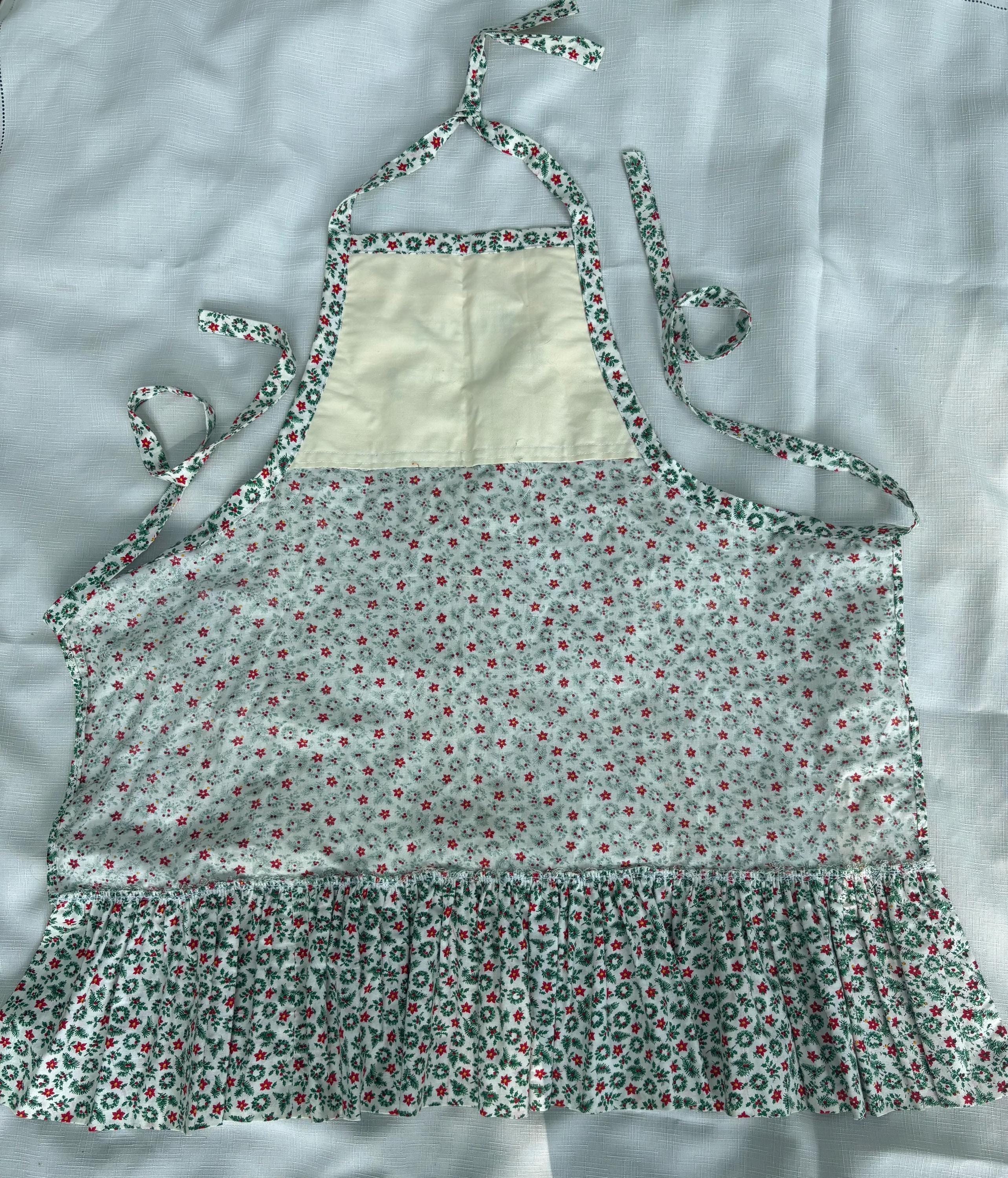 Vintage 1980 Handmade Christmas Apron – Holly Print with Ruffle Skirt & Cross Stitch Merry Christmas Bib – Hand-Embroidered/Signed JS ‘80 - Thumbnail 2