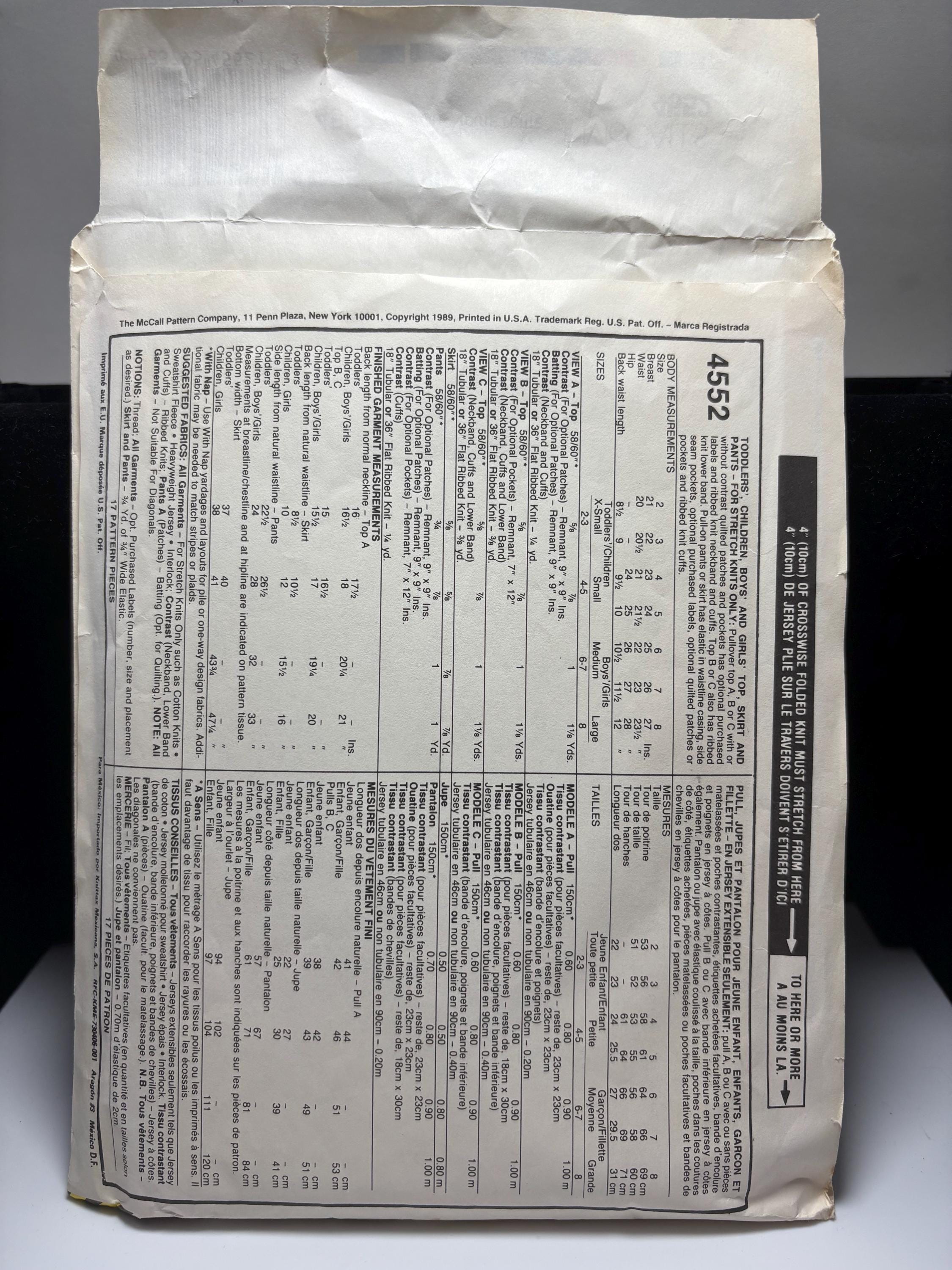 Vintage 1989 McCall’s 4552 Toddler & Children’s Knit Separates Pattern – Tops, Pants, Skirt Size XS (2–3) Uncut Totally 80s Style Lounging - Thumbnail 3