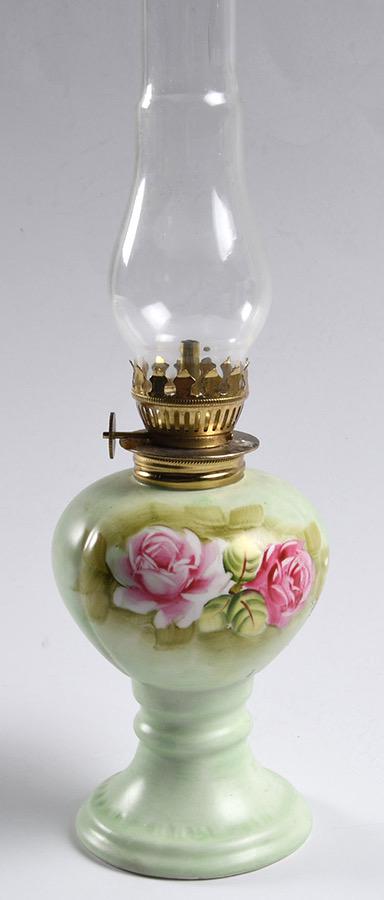 Vintage 1970s Lefton Japan Miniature Table Oil Lamp – Hand Painted Roses on Mint – Heritage-Green Porcelain with Glass Chimney – #4169 - Thumbnail 3