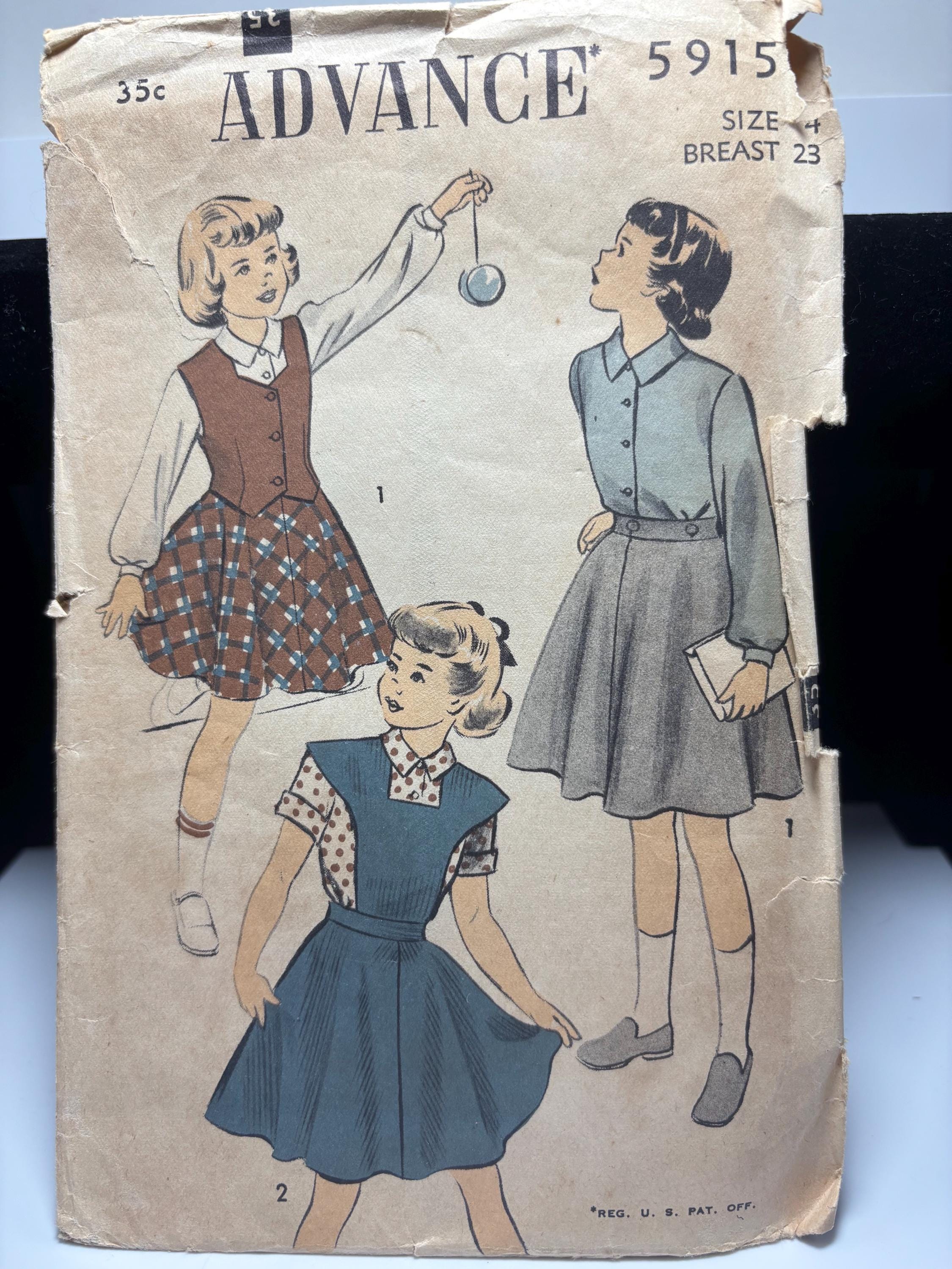 Advance 5915 (1950s) Girls’ Pinafore, Blouse & Skirt Pattern | Size 4 | Storybook School Dress Ensemble | Complete Cut Sewing Pattern - Thumbnail 2