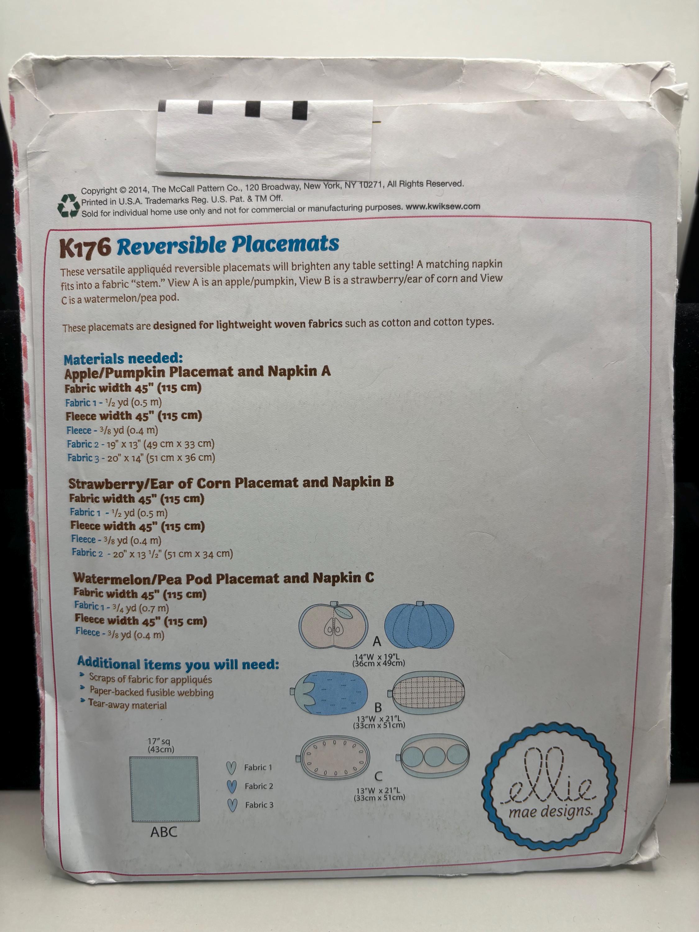 Kwik Sew Bountiful Placemats Pattern – Farm Fresh & Homemade Charm - Complete and Uncut - Thumbnail 2