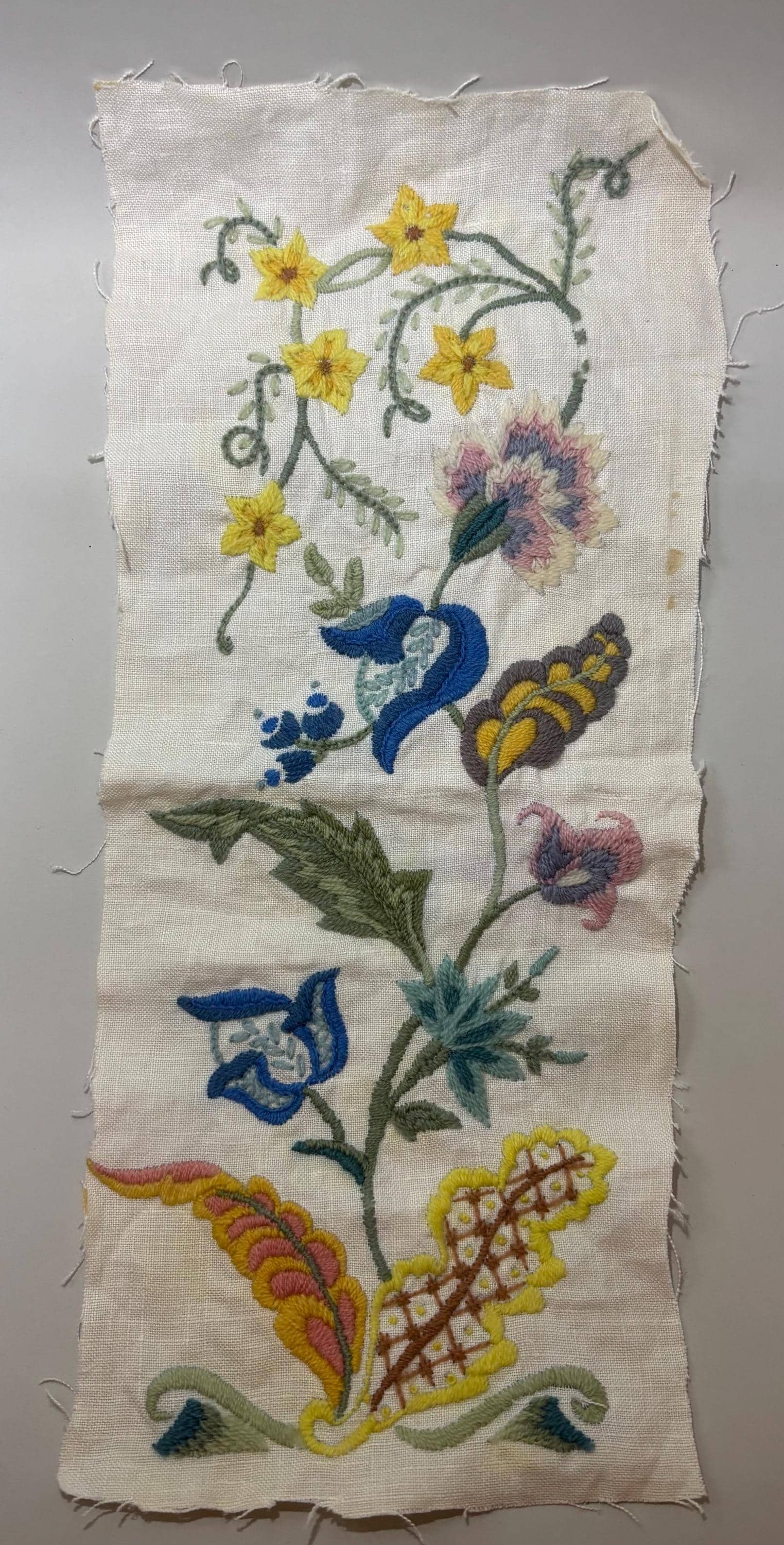 Enchanted Cottagecore Hand-Worked Embroidery Panel – Vintage Unmounted Crewel Sampler with Floral Design – Fairy Tale Textile Art - Thumbnail 2