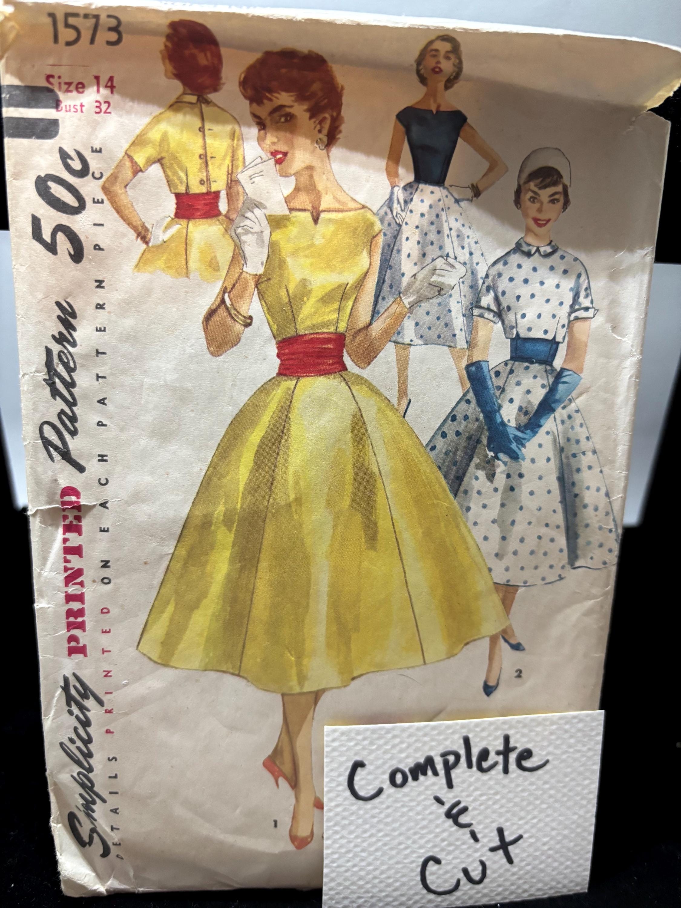 Vintage 1950s Simplicity 1573 Dress & Jacket Sewing Pattern – Size 14 Bust 32 – Full Skirt with Cummerbund, Printed Pattern Pieces, Complete
