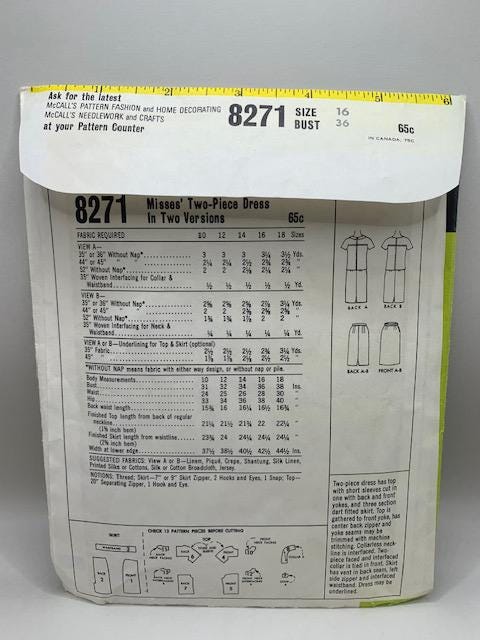 McCall’s 8271 Vintage 1966 Sewing Pattern - Misses' Two-Piece Pencil Skirt & Scoop Neck Top in Two Versions Size 16, Bust 36 1960’s MCM Mod - Thumbnail 2